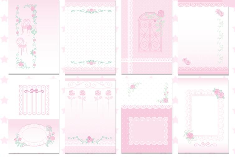 Rose Romance A7 refill page designs in soft pink with floral borders and decorative writing frames.