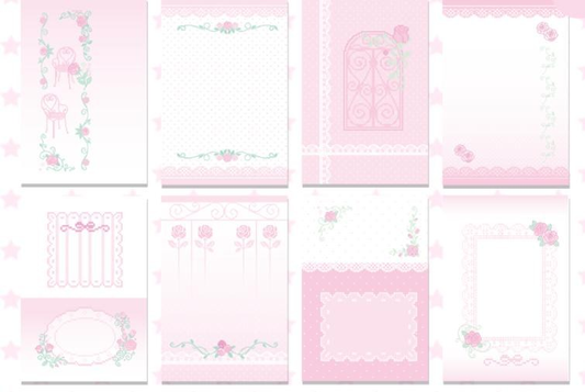 Rose Romance A7 refill page designs in soft pink with floral borders and decorative writing frames.